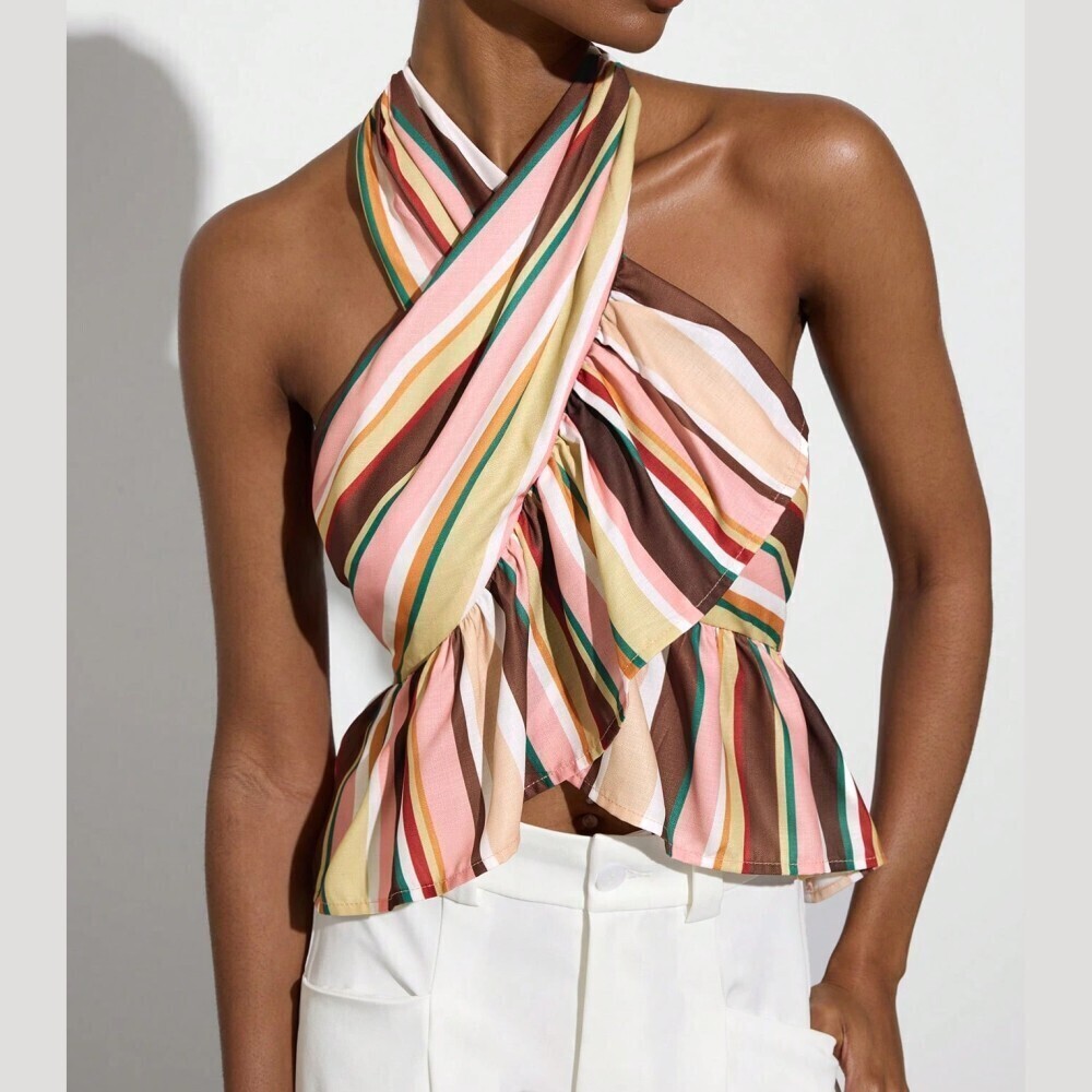 Brown / Pink Multicolor Striped Halter Neck Crisscross Peplum Top w/ Ruffle Hem